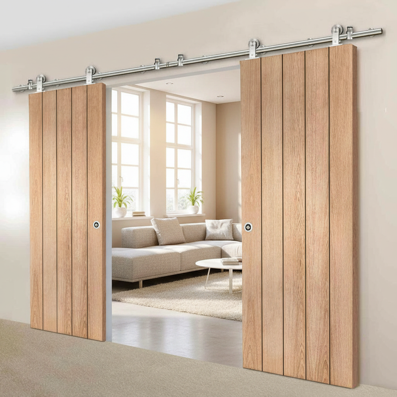Sirius Tubular Stainless Steel Sliding Track & Wexford Oak Panel Double Door - Unfinished