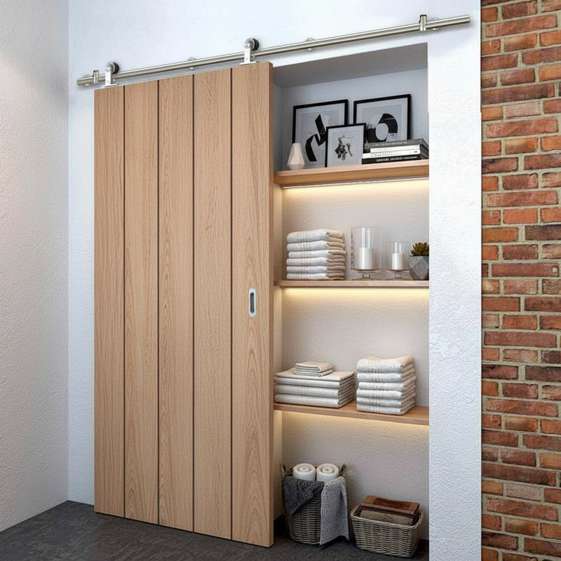 Sirius Tubular Stainless Steel Sliding Track & Wexford Oak Panel Door - Unfinished