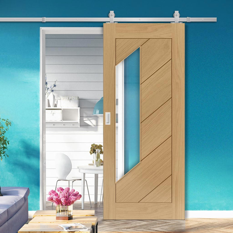 Top Mounted Stainless Steel Sliding Track & Torino Oak Door - Clear Glass - Prefinished