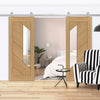 Top Mounted Stainless Steel Sliding Track & Torino Oak Double Door - Clear Glass - Prefinished