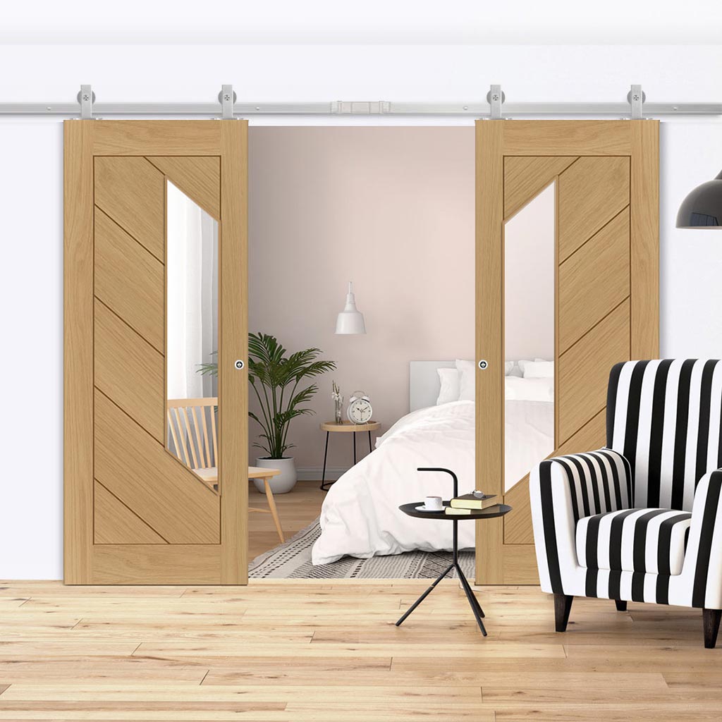 Top Mounted Stainless Steel Sliding Track & Torino Oak Double Door - Clear Glass - Prefinished