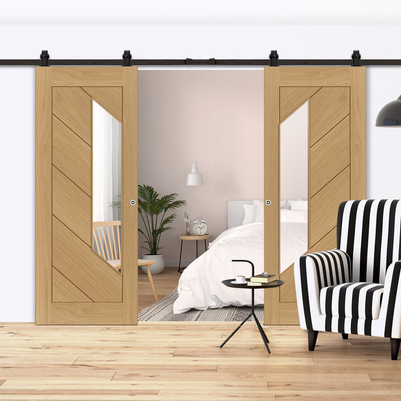 Top Mounted Black Sliding Track & Torino Oak Double Door - Clear Glass - Prefinished