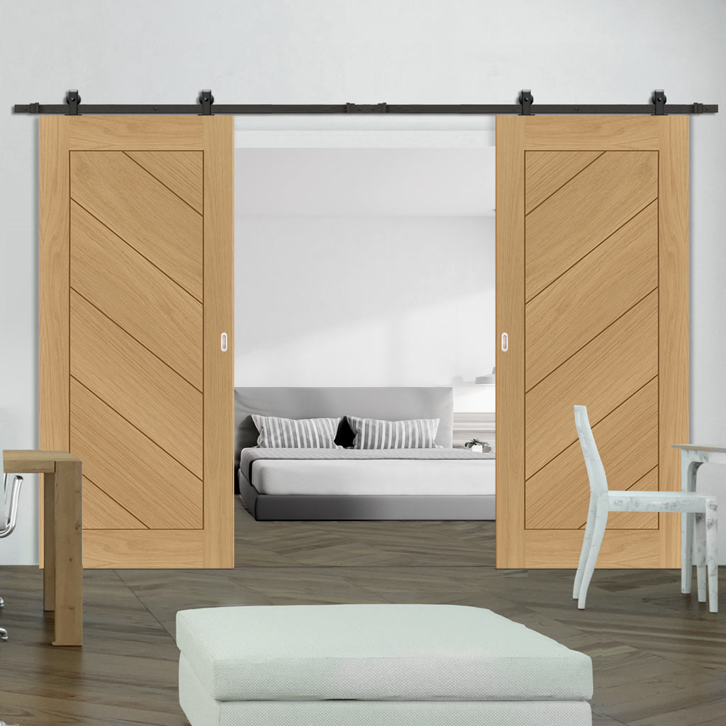 Top Mounted Black Sliding Track & Torino Oak Double Door - Prefinished