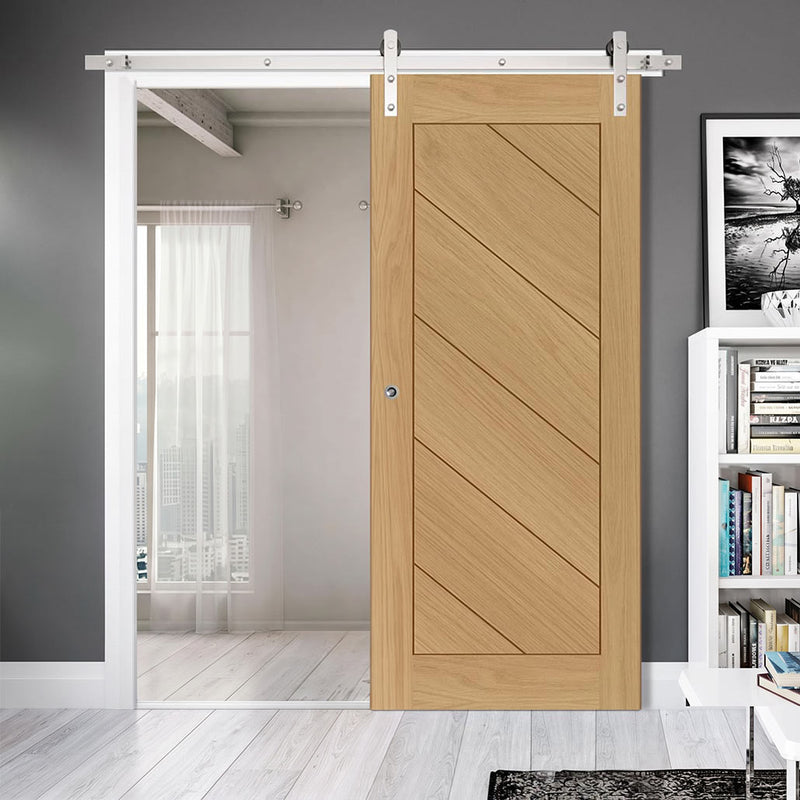 Single Sliding Door & Stainless Barn Steel Track - Torino Oak Door - Prefinished