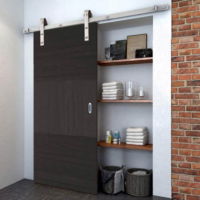 Single Sliding Door & Stainless Steel Barn Track - Tres Charcoal Stainless Steel Flush Door - Prefinished