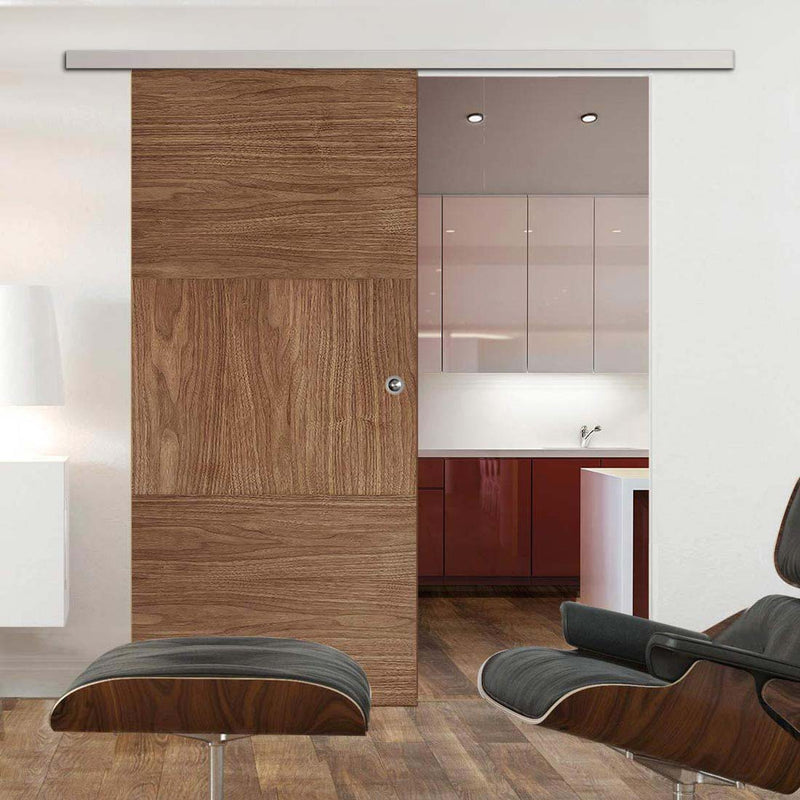 Premium Single Sliding Door & Wall Track - Tres Walnut Flush Door - Prefinished