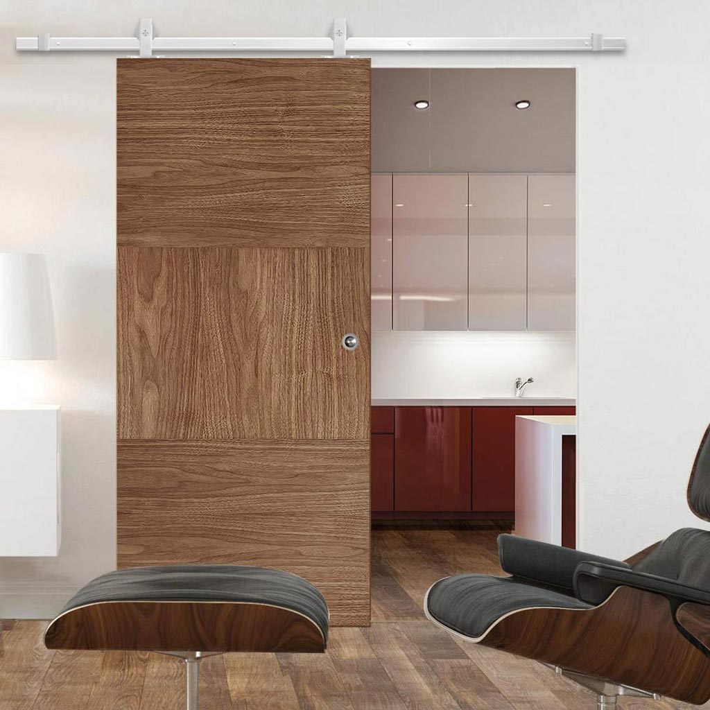 Top Mounted Stainless Steel Sliding Track & Door - Tres Walnut Flush Door - Prefinished