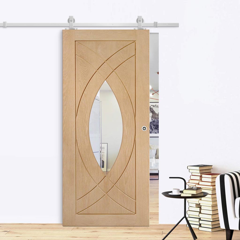Top Mounted Stainless Steel Sliding Track & Door - Treviso Oak Door - Clear Glass - Prefinished