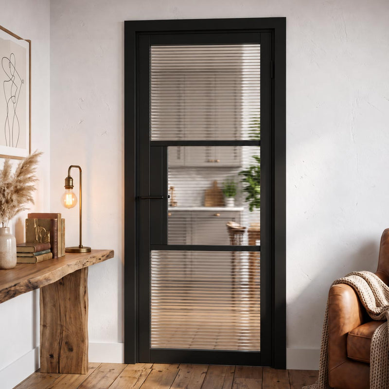 Tribeca 3 Pane Black Painted Internal Door - Clear Reeded Glass - Prefinished