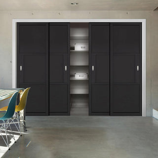 Image: Minimalist Wardrobe Door & Frame Kit - Four Tribeca 3 Panel Black Painted Door - Prefinished