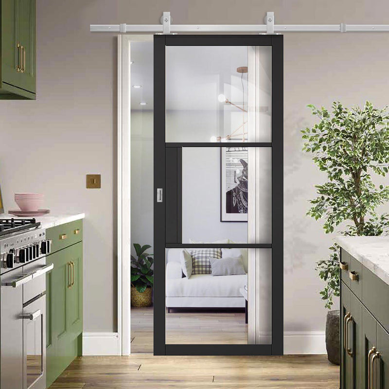 Top Mounted Stainless Steel Sliding Track & Door - Tribeca 3 Pane Black Painted Door - Clear Glass