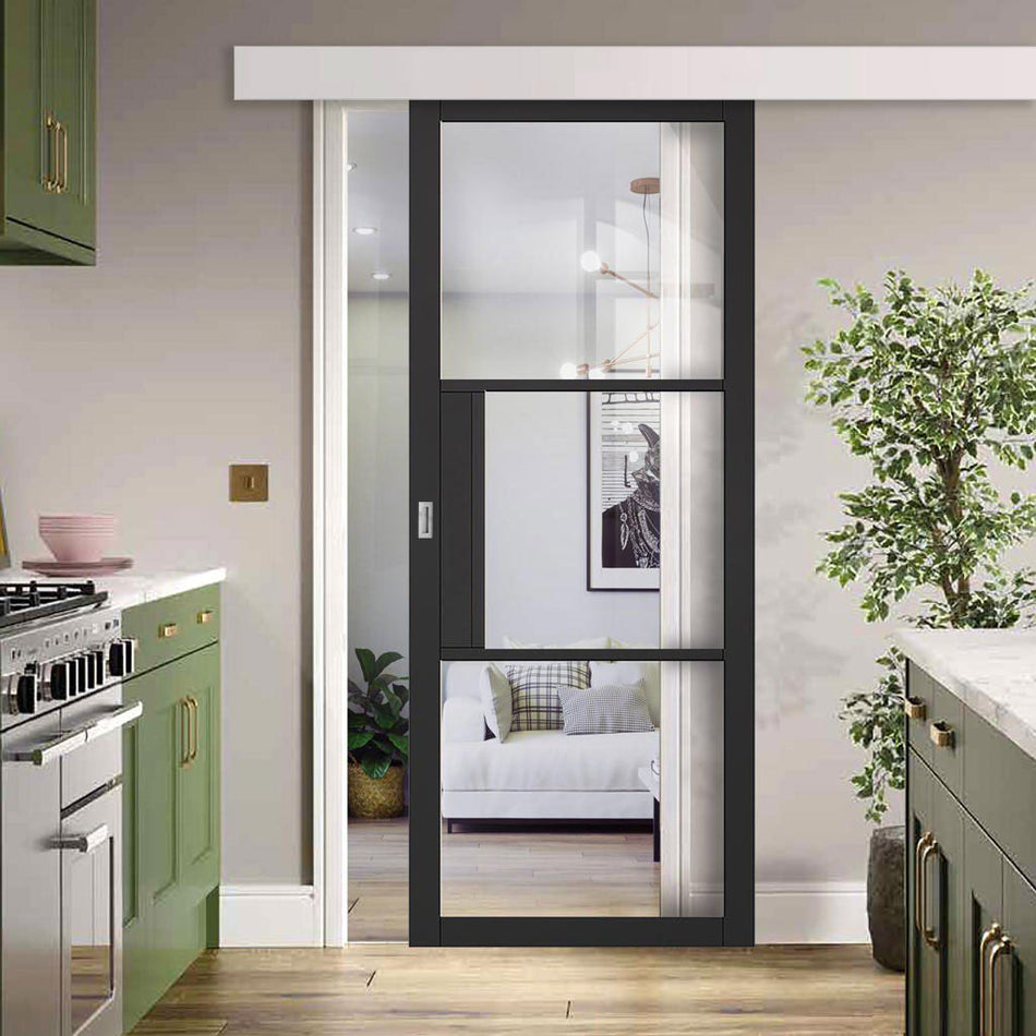 Single Sliding Door & Wall Track - Tribeca 3 Pane Black Painted Door - Clear Glass