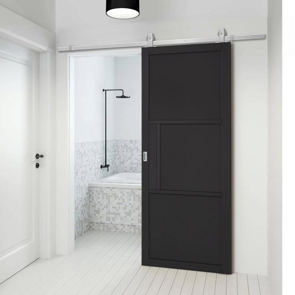 Top Mounted Stainless Steel Sliding Track & Door - Tribeca 3 Panel Black Painted Door - Prefinished