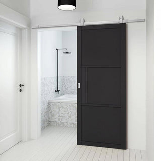 Image: Top Mounted Stainless Steel Sliding Track & Door - Tribeca 3 Panel Black Primed Door