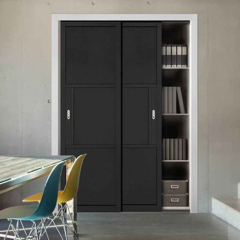 Minimalist Wardrobe Door & Frame Kit - Two Tribeca 3 Panel Black Painted Door - Prefinished