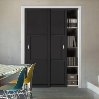 Image: Minimalist Wardrobe Door & Frame Kit - Two Tribeca 3 Panel Black Painted Door - Prefinished