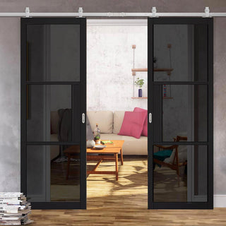 Image: Top Mounted Stainless Steel Sliding Track & Double Door - Tribeca 3 Pane Black Painted Doors - Tinted Glass