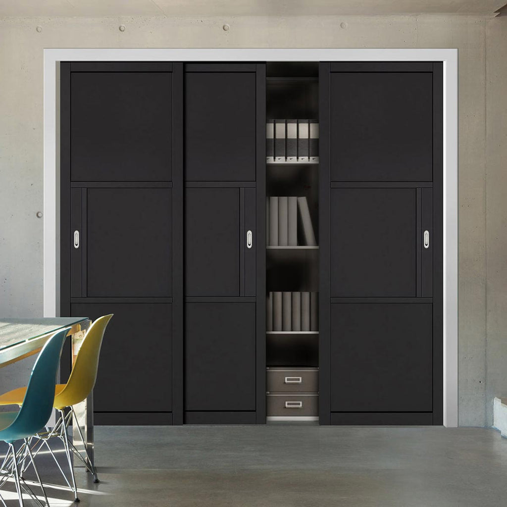 Minimalist Wardrobe Door & Frame Kit - Three Tribeca 3 Panel Black Painted Door - Prefinished