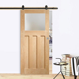Image: Top Mounted Black Sliding Track & Door - DX 1930's Oak Door - Obscure Glass - Prefinished