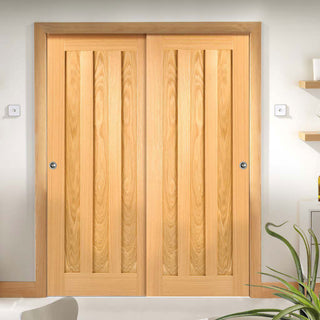 Image: Minimalist Wardrobe Door & Frame Kit - Two Idaho 3 Panel Oak Doors - Unfinished