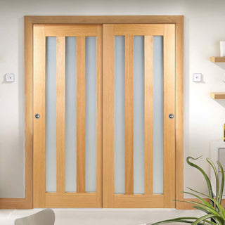 Image: Minimalist Wardrobe Door & Frame Kit - Two Utah Oak Doors - Frosted Glass - Unfinished