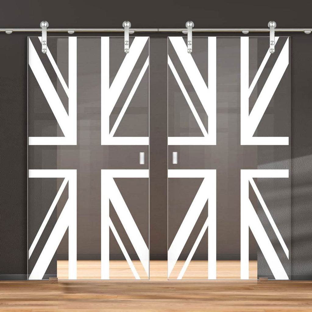 Double Glass Sliding Door - Solaris Tubular Stainless Steel Sliding Track & Union Jack Flag 8mm Clear Glass - Obscure Printed Design