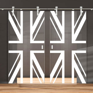 Image: Double Glass Sliding Door - Solaris Tubular Stainless Steel Sliding Track & Union Jack Flag 8mm Clear Glass - Obscure Printed Design