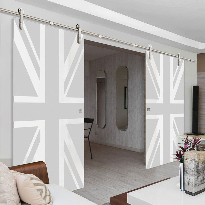 Double Glass Sliding Door - Solaris Tubular Stainless Steel Sliding Track & Union Jack Flag 8mm Obscure Glass - Obscure Printed Design