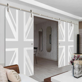 Image: Double Glass Sliding Door - Solaris Tubular Stainless Steel Sliding Track & Union Jack Flag 8mm Obscure Glass - Obscure Printed Design