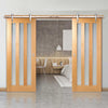Double Sliding Door & Stainless Steel Barn Track - Utah 3 Pane Oak Doors - Frosted Glass - Prefinished