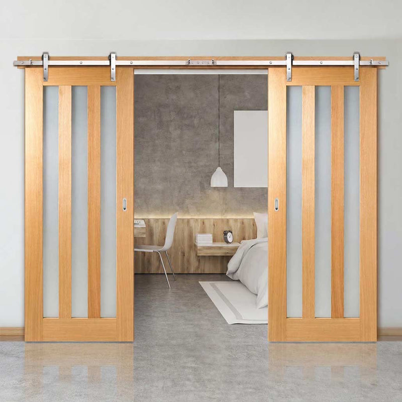 Double Sliding Door & Stainless Steel Barn Track - Utah 3 Pane Oak Doors - Frosted Glass - Prefinished