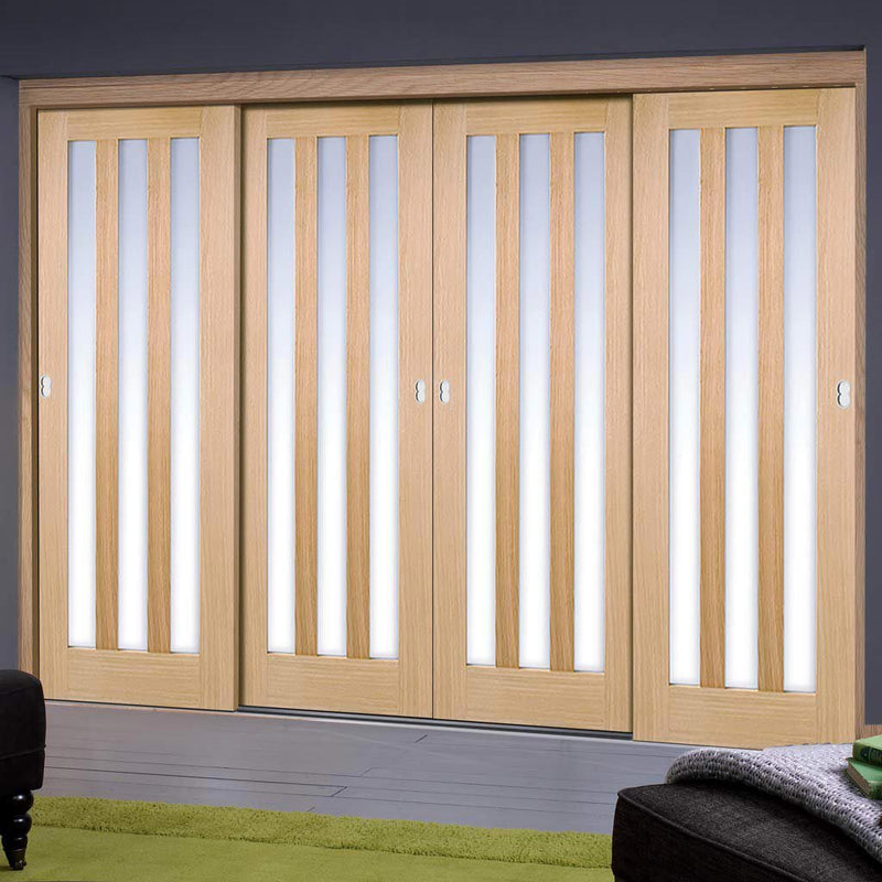 Minimalist Wardrobe Door & Frame Kit - Four Utah Oak Doors - Frosted Glass - Prefinished