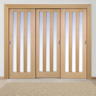 Image: Minimalist Wardrobe Door & Frame Kit - Three Utah 3 Pane Oak Doors - Frosted Glass - Prefinished