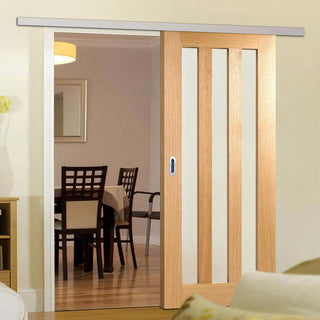 Image: Premium Single Sliding Door & Wall Track - Utah 3 Pane Oak Door - Frosted Glass - Unfinished