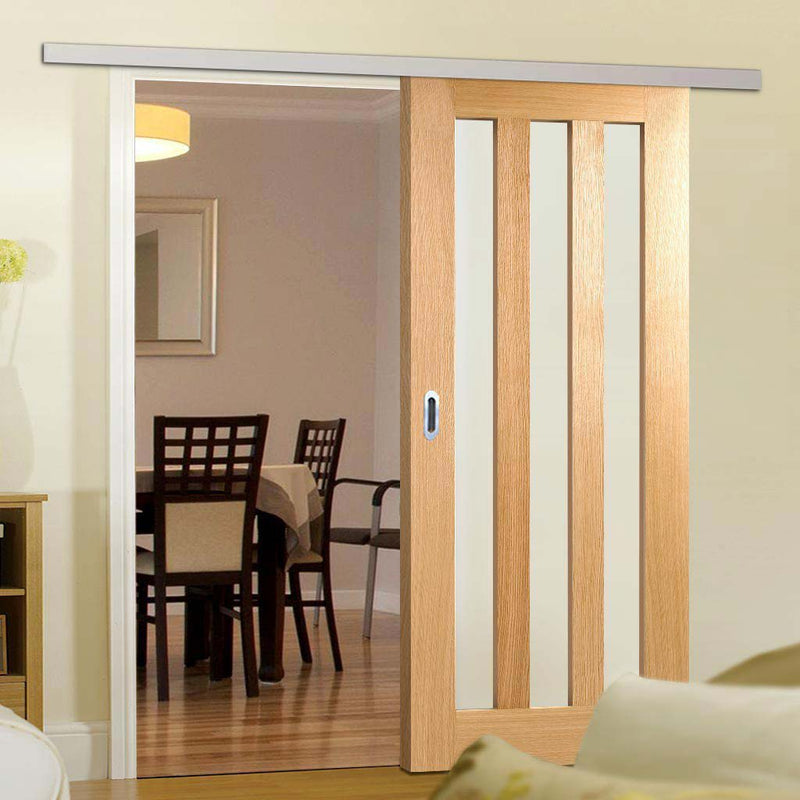 Premium Single Sliding Door & Wall Track - Utah 3 Pane Oak Door - Frosted Glass - Prefinished