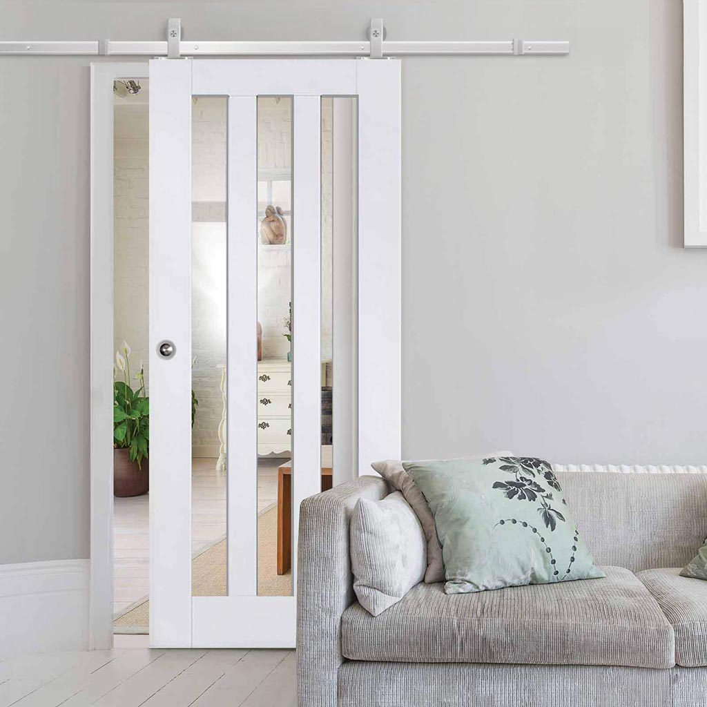 Top Mounted Stainless Steel Sliding Track & Door - Utah 3 Pane Door - Clear Glass - White Primed