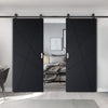 Top Mounted Black Sliding Track & Solid Wood Double Doors - V-Line® Grooved Flush Doors V020 - Premium Primed - Six Colour Options
