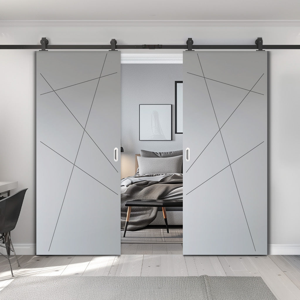 Top Mounted Black Sliding Track & Solid Wood Double Doors - V-Line® Grooved Flush Doors V020 - Premium Primed - Six Colour Options