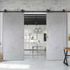 Top Mounted Black Sliding Track & Solid Wood Double Doors - V-Line® Grooved Flush Doors V023 - Premium Primed - Six Colour Options