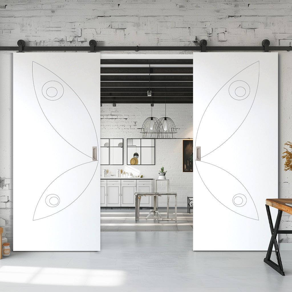 Top Mounted Black Sliding Track & Solid Wood Double Doors - V-Line® Grooved Flush Doors V023 - Premium Primed - Six Colour Options