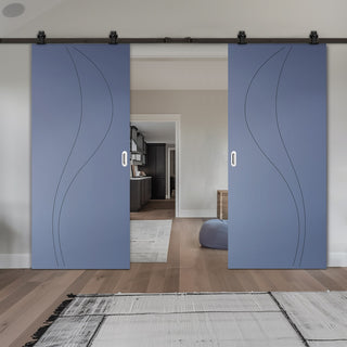 Image: Top Mounted Black Sliding Track & Solid Wood Double Doors - V-Line® Grooved Flush Doors V025 - Premium Primed - Six Colour Options