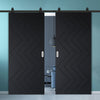 Top Mounted Black Sliding Track & Solid Wood Double Doors - V-Line® Grooved Flush Doors V031 - Premium Primed - Six Colour Options