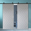 Top Mounted Black Sliding Track & Solid Wood Double Doors - V-Line® Grooved Flush Doors V031 - Premium Primed - Six Colour Options