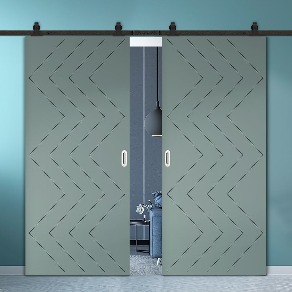 Top Mounted Black Sliding Track & Solid Wood Double Doors - V-Line® Grooved Flush Doors V031 - Premium Primed - Six Colour Options