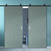 Top Mounted Black Sliding Track & Solid Wood Double Doors - V-Line® Grooved Flush Doors V031 - Premium Primed - Six Colour Options