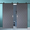 Top Mounted Black Sliding Track & Solid Wood Double Doors - V-Line® Grooved Flush Doors V031 - Premium Primed - Six Colour Options
