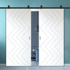 Top Mounted Black Sliding Track & Solid Wood Double Doors - V-Line® Grooved Flush Doors V031 - Premium Primed - Six Colour Options