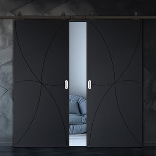 Image: Top Mounted Black Sliding Track & Solid Wood Double Doors - V-Line® Grooved Flush Doors V032 - Premium Primed - Six Colour Options