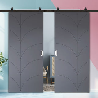 Image: Top Mounted Black Sliding Track & Solid Wood Double Doors - V-Line® Grooved Flush Doors V033 - Premium Primed - Six Colour Options
