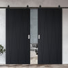 Top Mounted Black Sliding Track & Solid Wood Double Doors - V-Line® Grooved Flush Doors V034 - Premium Primed - Six Colour Options